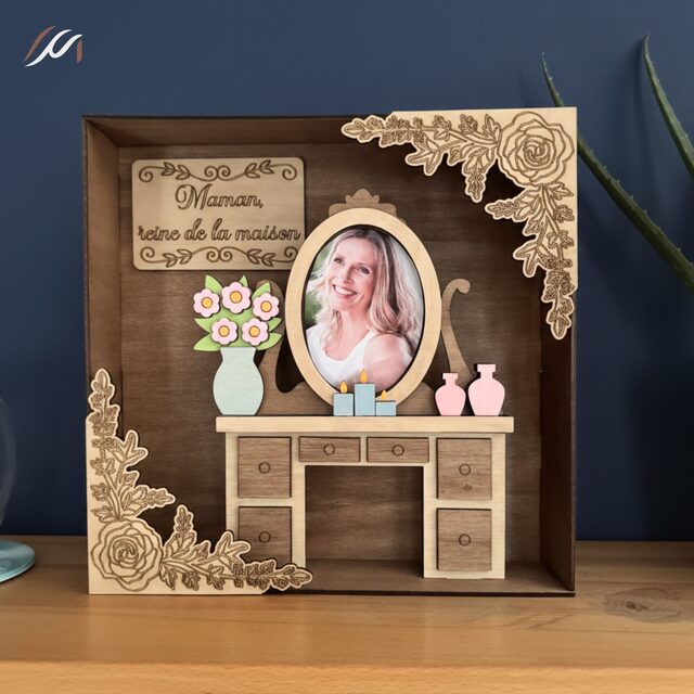 Cadre photo maman personnalisé en bois – scène miniature tendre et décorative