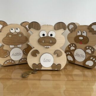 Tirelire en bois cochon, ours, hippopotame personnalisable